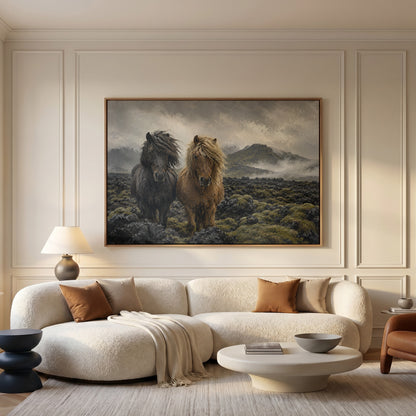 Iceland canvas wall art showing two Icelandic horses standing in a mossy lava field under fog