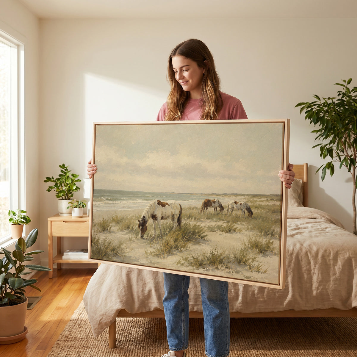 Neutral canvas wall art showing wild ponies grazing on a dune beach beside pale ocean surf