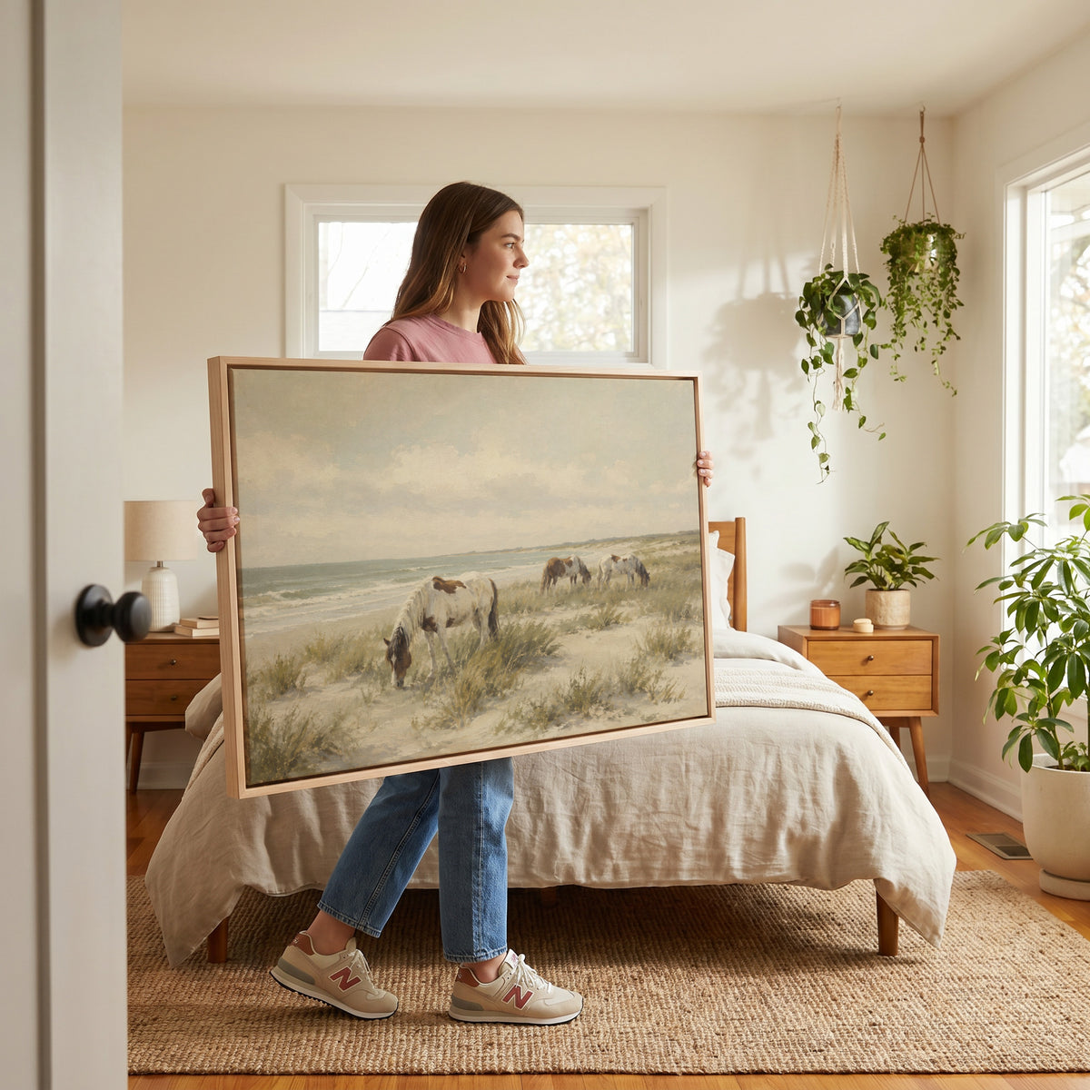 Wild ponies grazing on a dune beach beside pale ocean surf, wild ponies horizontal canvas print