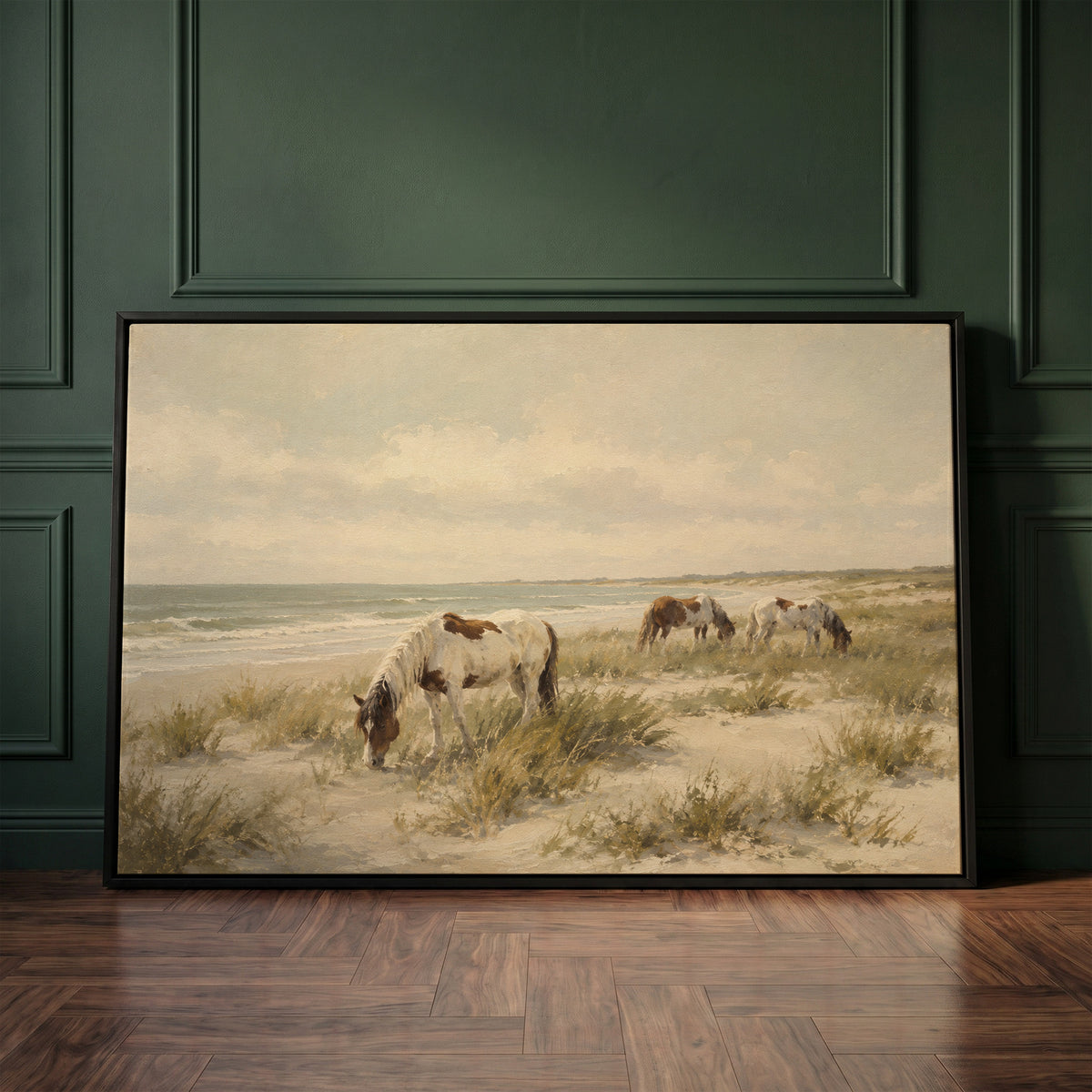 Wild ponies grazing on a dune beach beside pale ocean surf, canvas art print