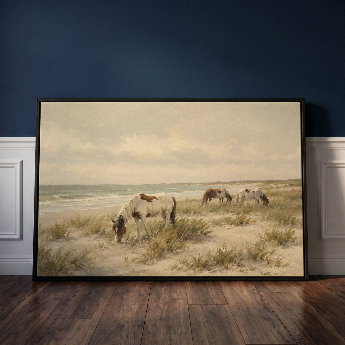 Horse canvas wall art showing wild ponies grazing on a dune beach beside pale ocean surf