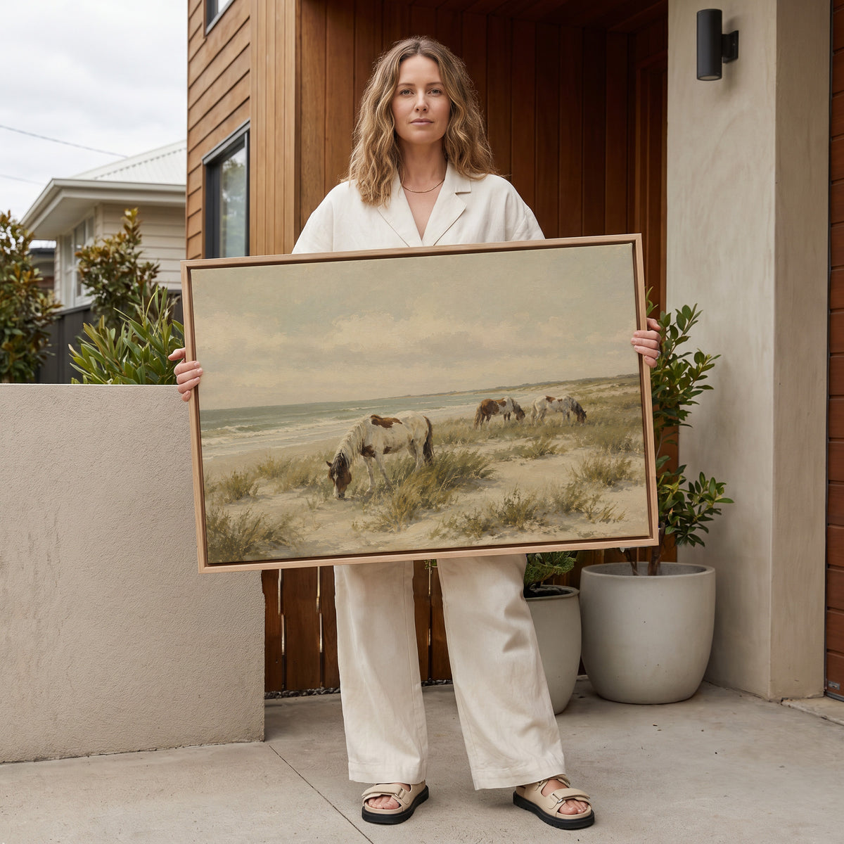 Ocean canvas wall art showing wild ponies grazing on a dune beach beside pale ocean surf