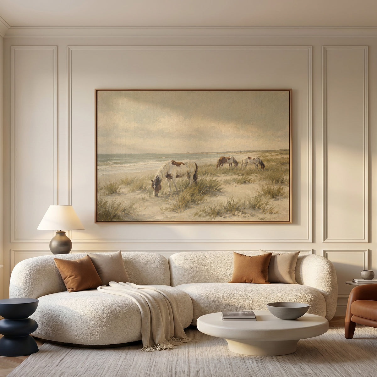 Assateague island canvas wall art showing wild ponies grazing on a dune beach beside pale ocean surf