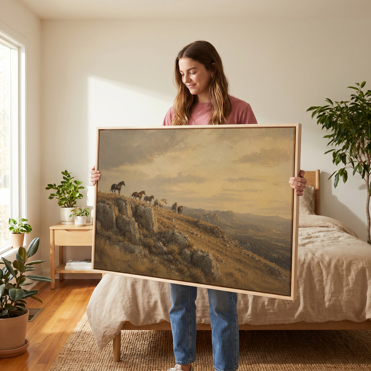 Mustang canvas wall art showing wild horses on a rocky ridge above a golden valley at sunset