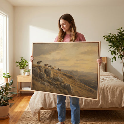 Mustang canvas wall art showing wild horses on a rocky ridge above a golden valley at sunset