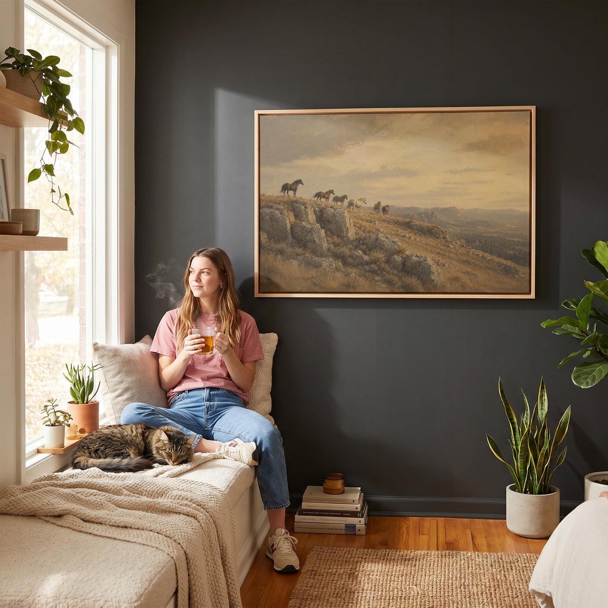 Western canvas wall art showing wild horses on a rocky ridge above a golden valley at sunset