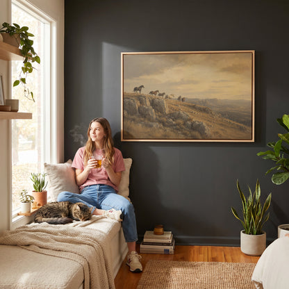 Western canvas wall art showing wild horses on a rocky ridge above a golden valley at sunset