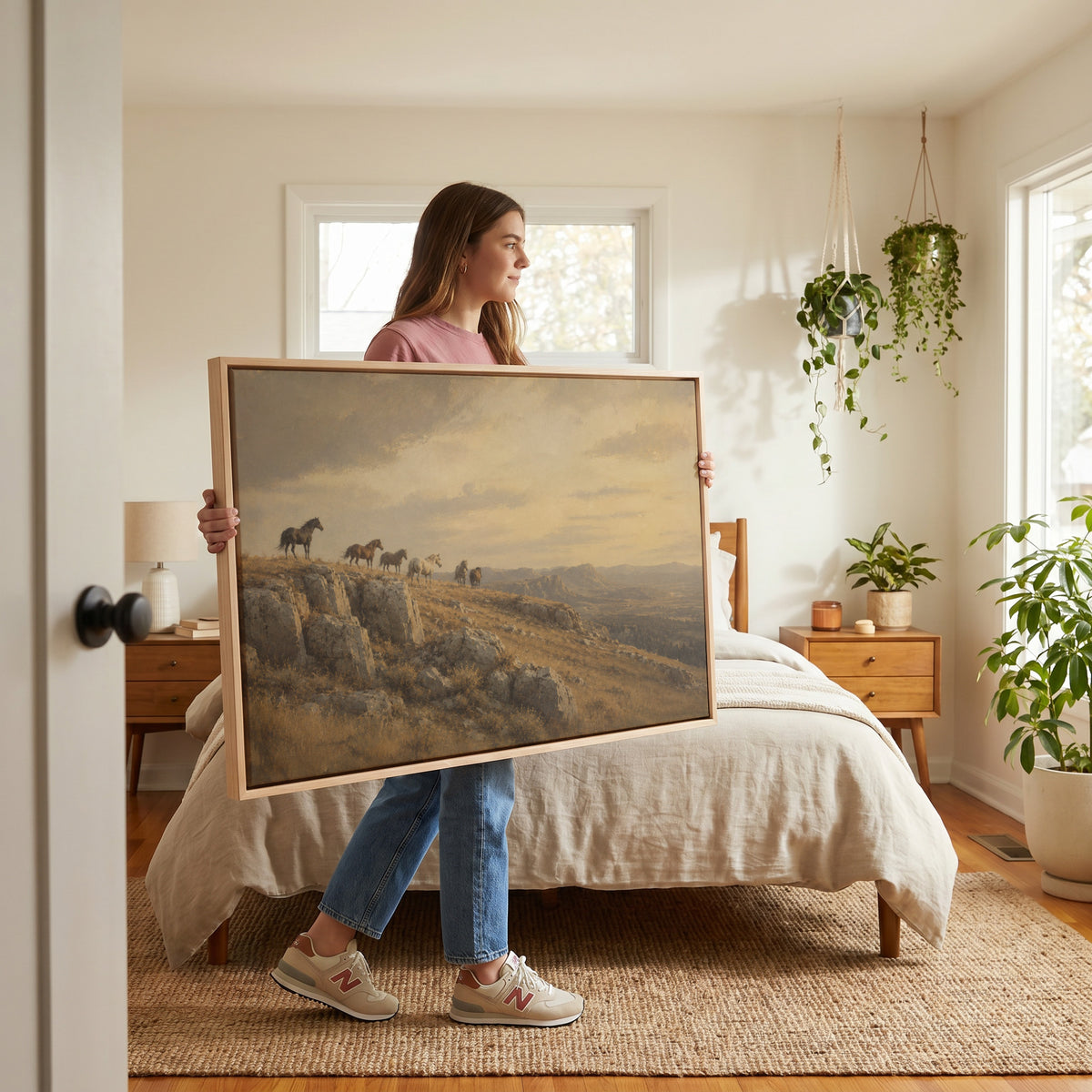 Horse canvas wall art showing wild horses on a rocky ridge above a golden valley at sunset