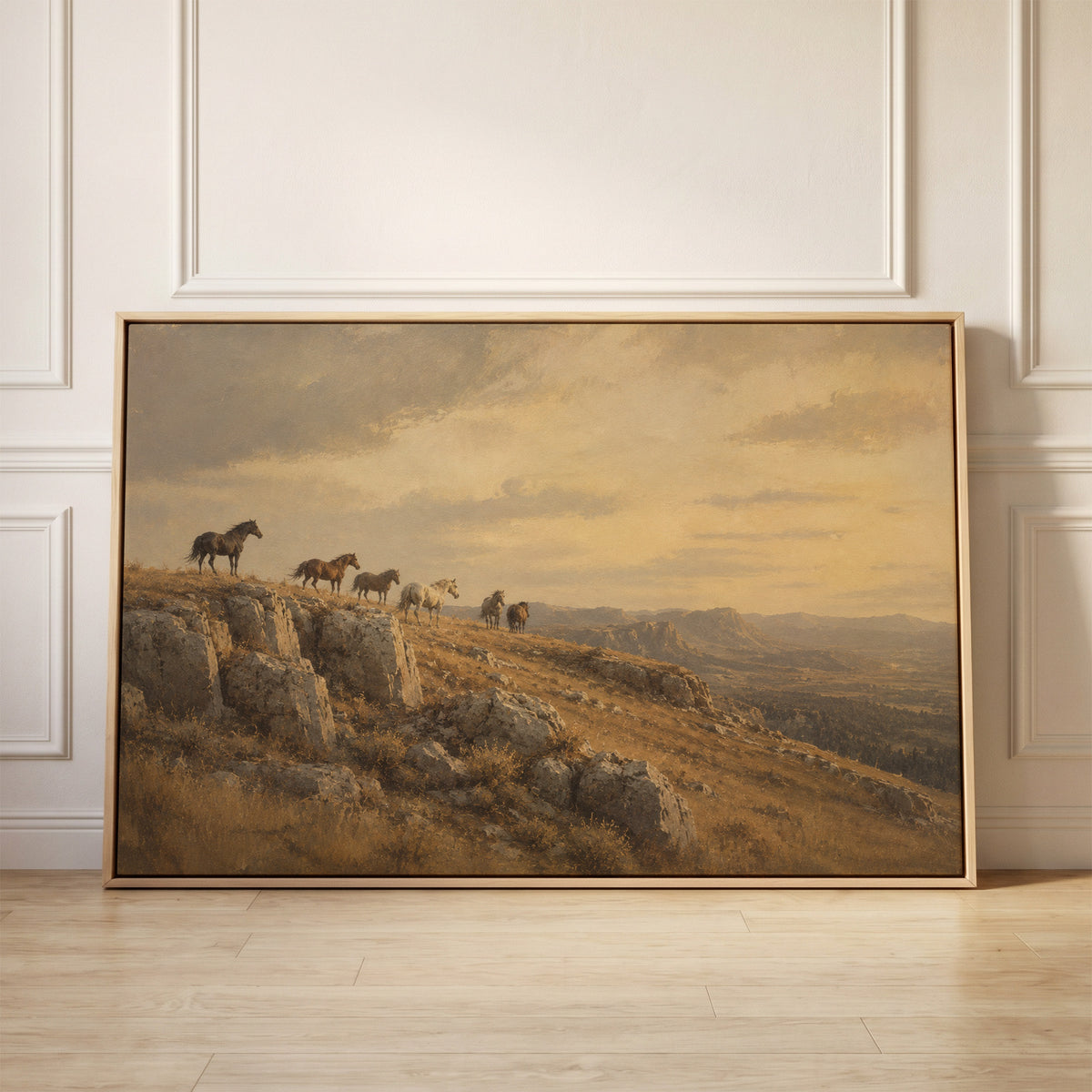Wild horses on a rocky ridge above a golden valley at sunset, canvas wall art