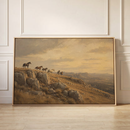 Wild horses on a rocky ridge above a golden valley at sunset, canvas wall art