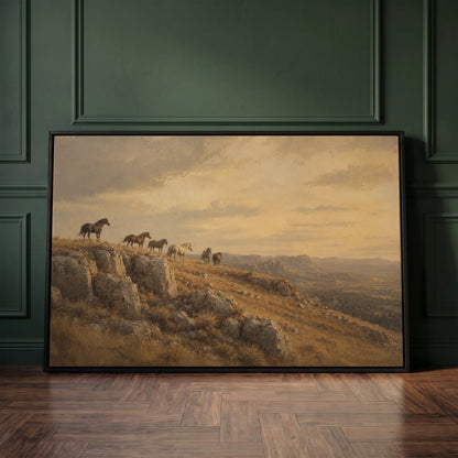 Wild horses on a rocky ridge above a golden valley at sunset, canvas art print