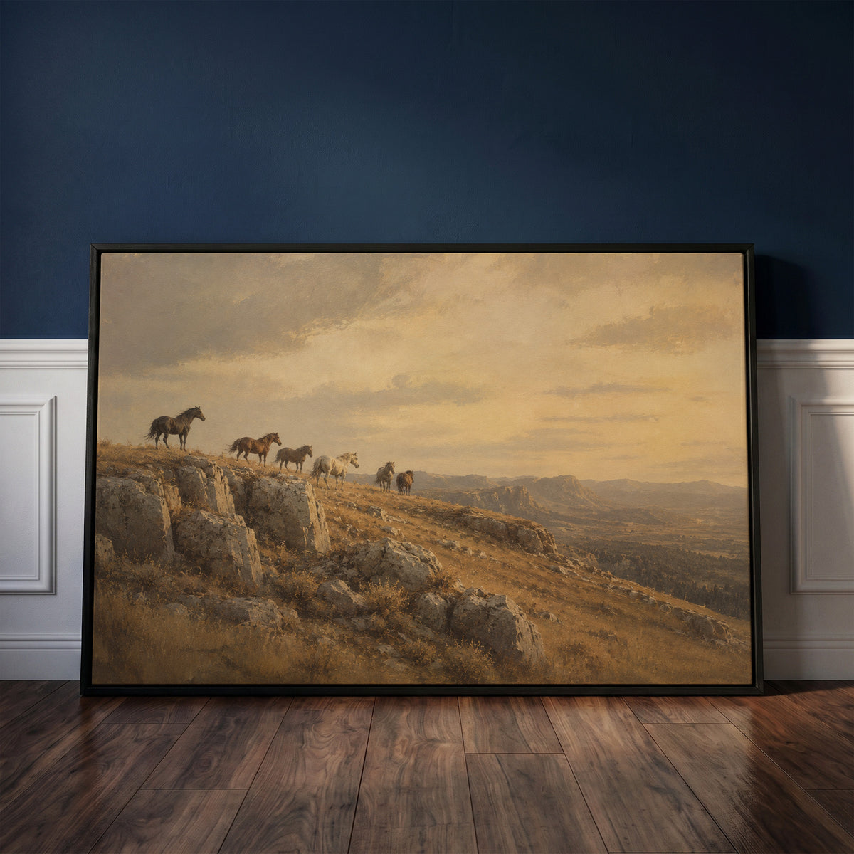 Horses canvas wall art showing wild horses on a rocky ridge above a golden valley at sunset