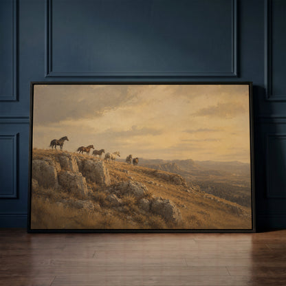 Wild horses on a rocky ridge above a golden valley at sunset, canvas print