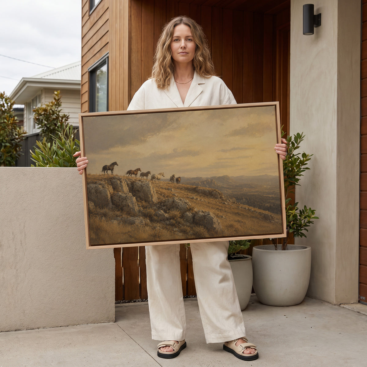 Wild horses on a rocky ridge above a golden valley at sunset, wall art print