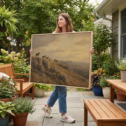 Montana canvas wall art showing wild horses on a rocky ridge above a golden valley at sunset