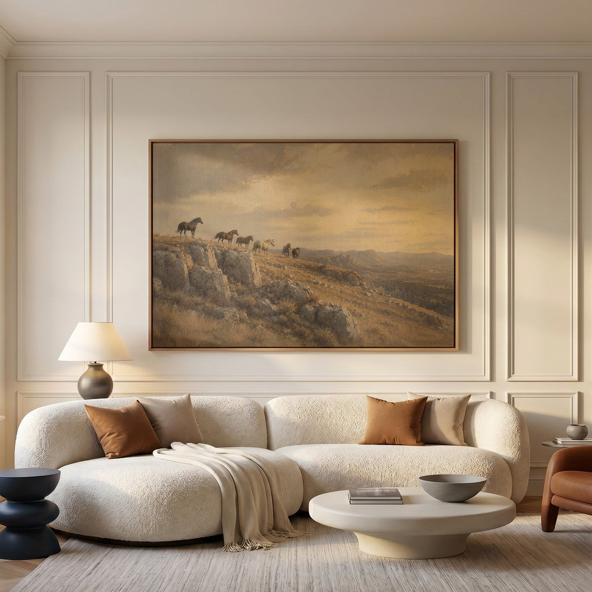 Golden hour canvas wall art showing wild horses on a rocky ridge above a golden valley at sunset