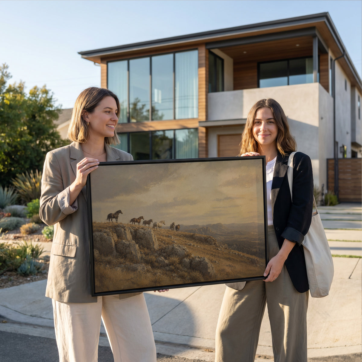 Horse ridge canvas wall art showing wild horses on a rocky ridge above a golden valley at sunset