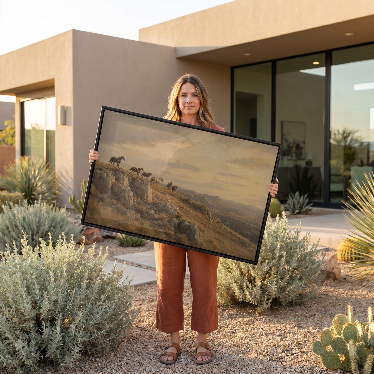 Sunset canvas canvas wall art showing wild horses on a rocky ridge above a golden valley at sunset