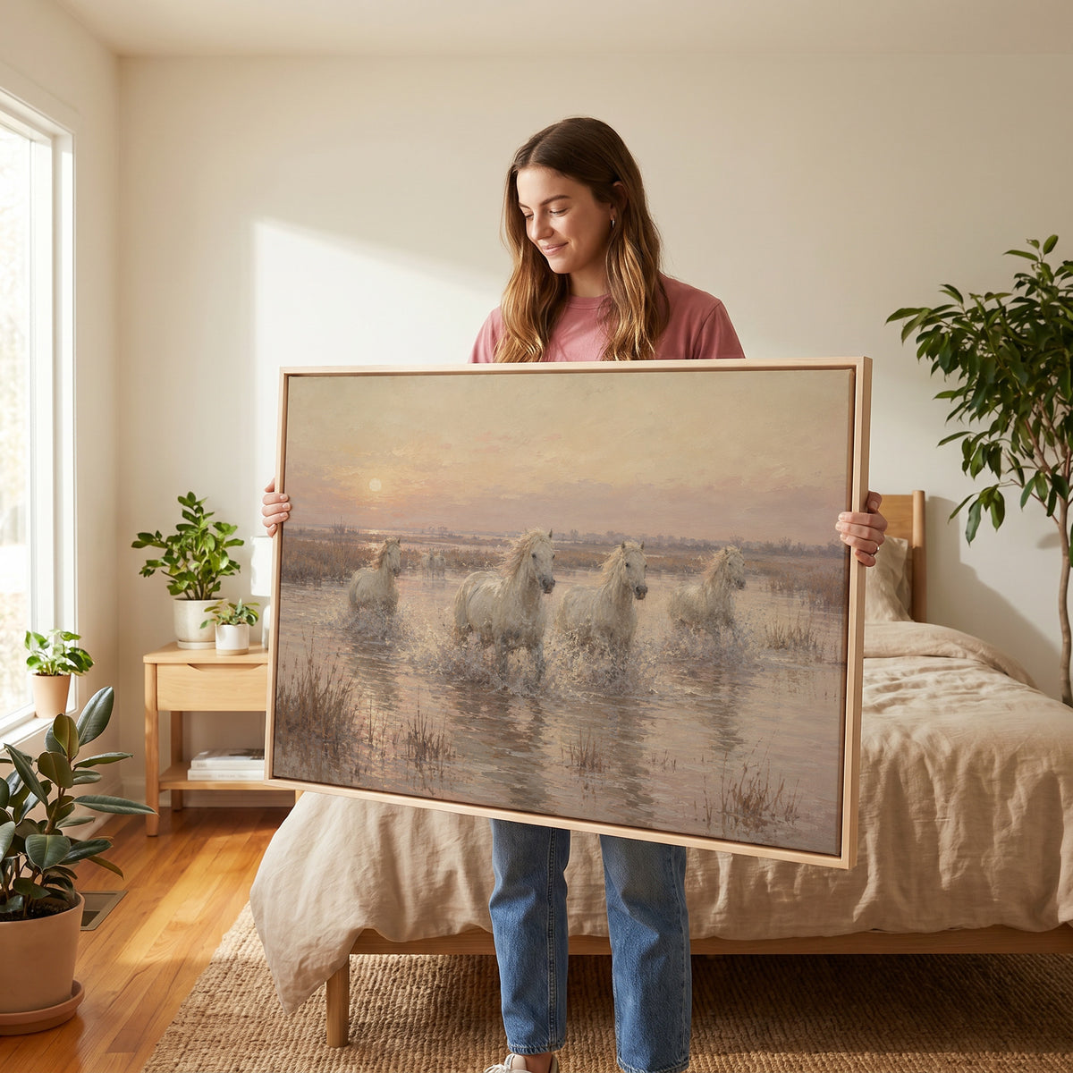 Blush canvas wall art showing white Camargue horses running through shallow water at sunrise
