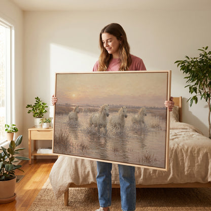 Blush canvas wall art showing white Camargue horses running through shallow water at sunrise