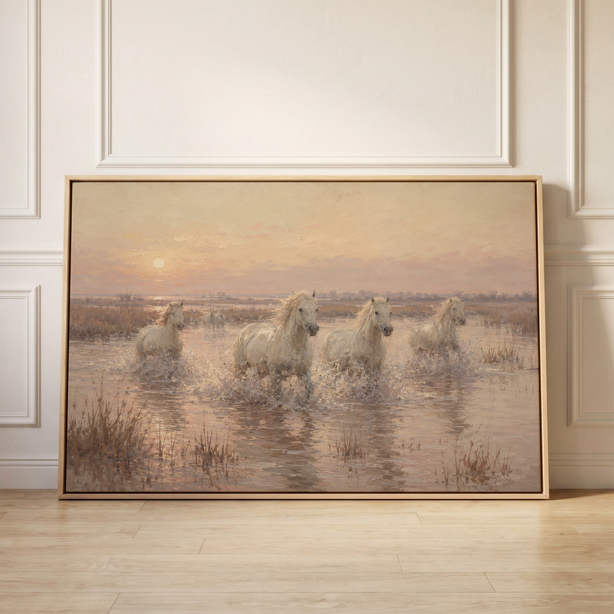 White Camargue horses running through shallow water at sunrise, canvas wall art