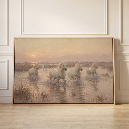 White Camargue horses running through shallow water at sunrise, canvas wall art
