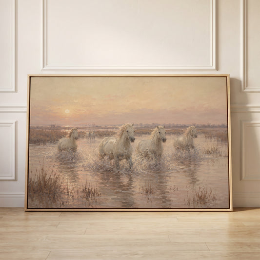 White Camargue horses running through shallow water at sunrise, canvas wall art
