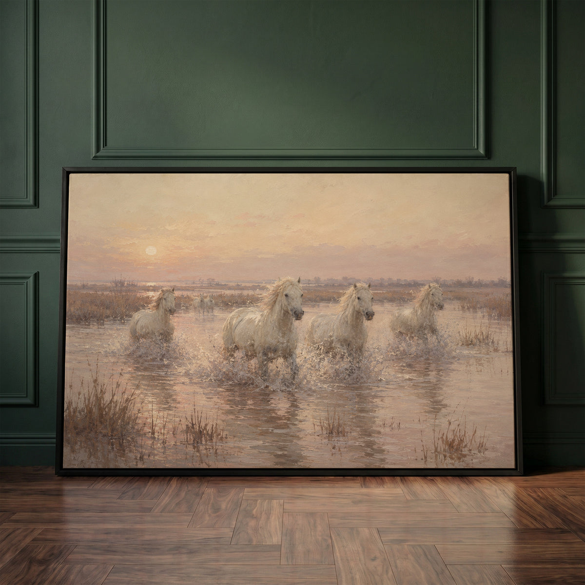 White Camargue horses running through shallow water at sunrise, wall art print