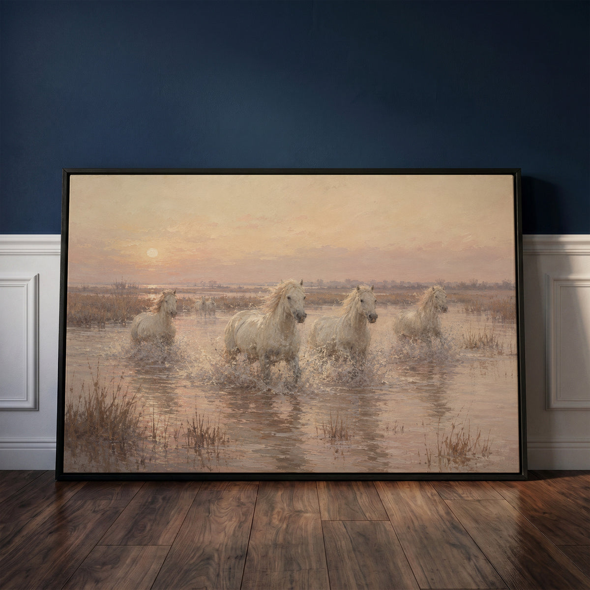 Horses canvas wall art showing white Camargue horses running through shallow water at sunrise