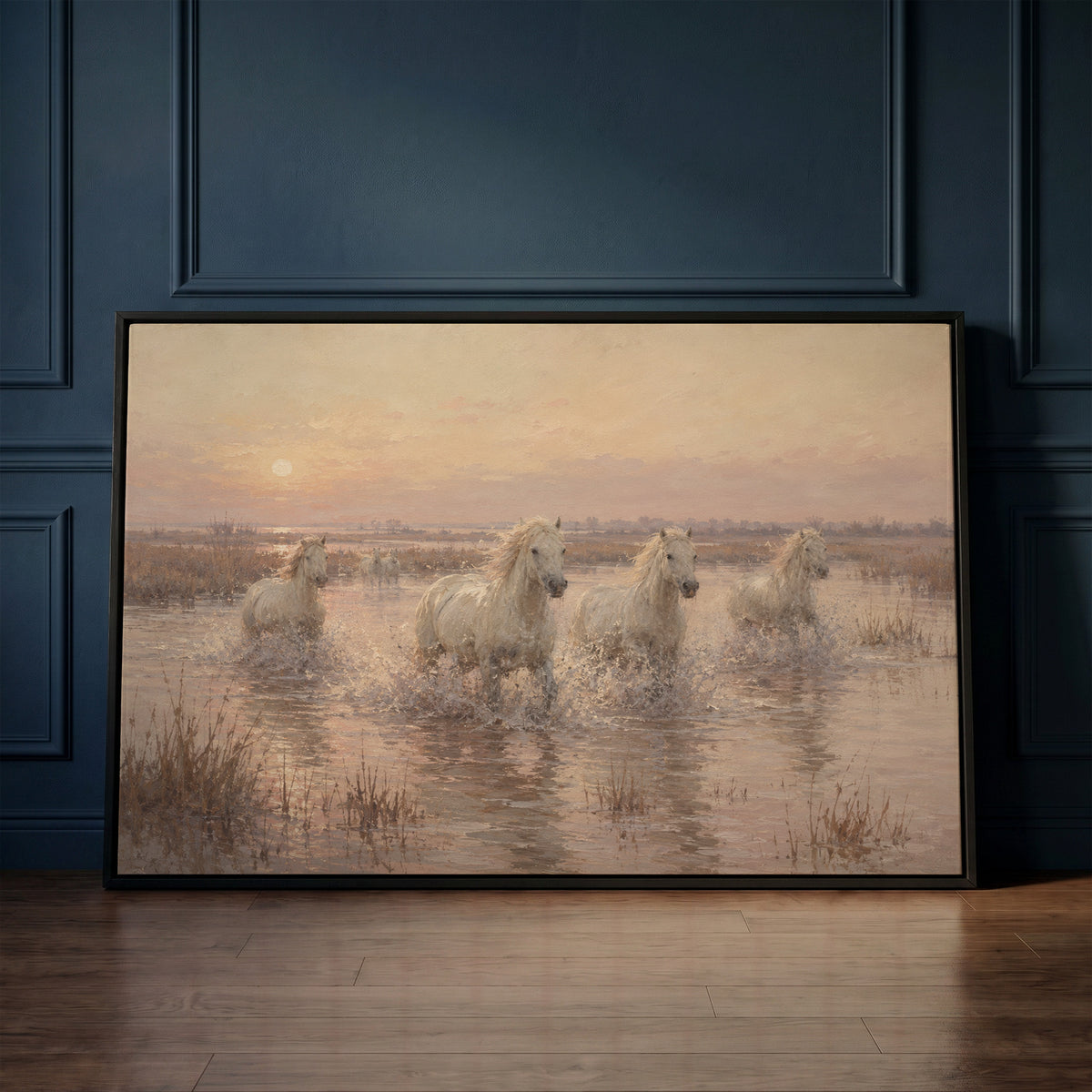 White Camargue horses running through shallow water at sunrise, canvas print