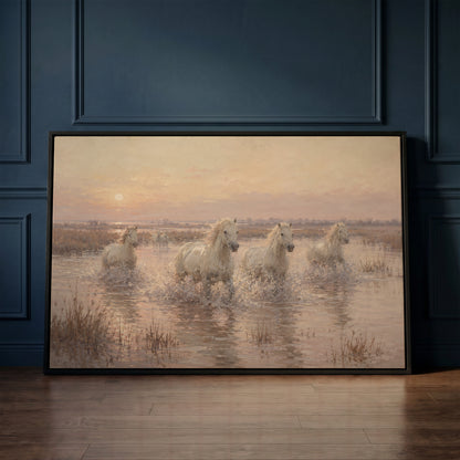 White Camargue horses running through shallow water at sunrise, canvas print