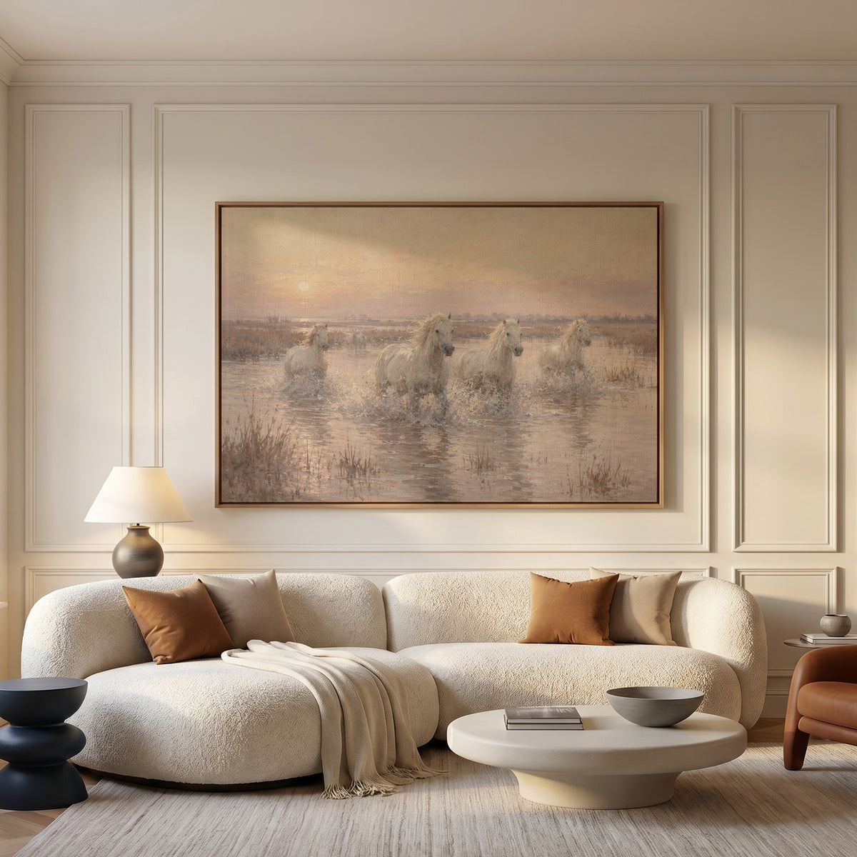 Soft neutral canvas wall art showing white Camargue horses running through shallow water at sunrise