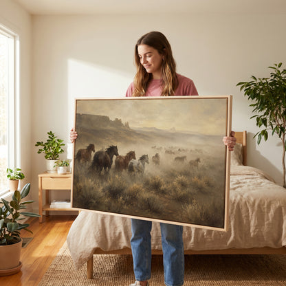 Horses canvas wall art showing mustang herd running through dust across a desert plain with mesas