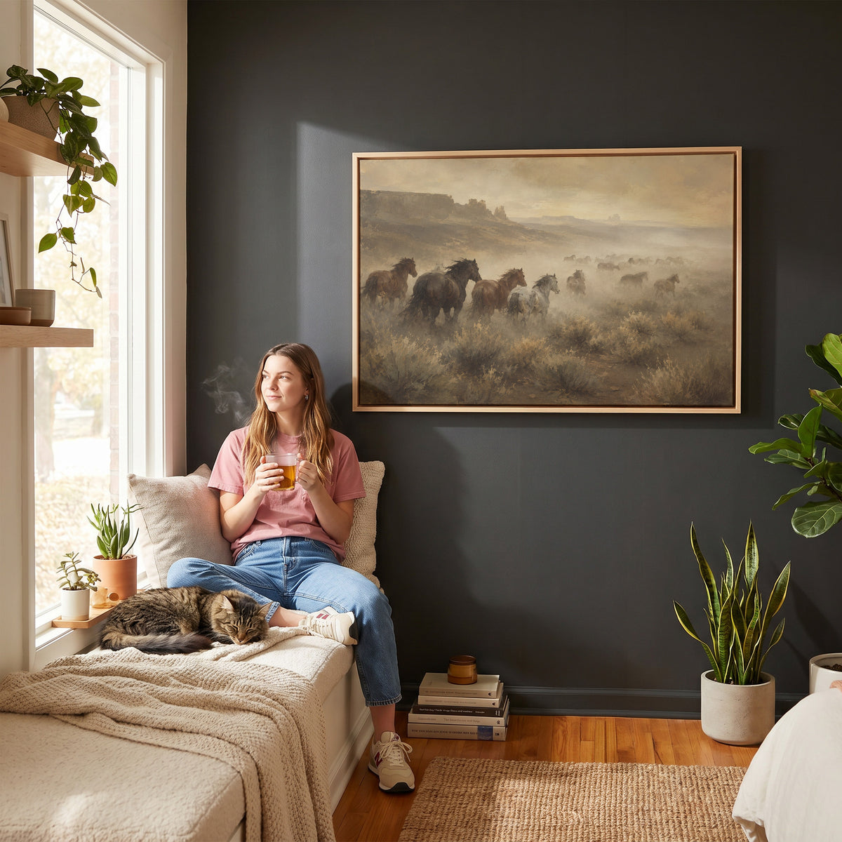 Utah canvas wall art showing mustang herd running through dust across a desert plain with mesas