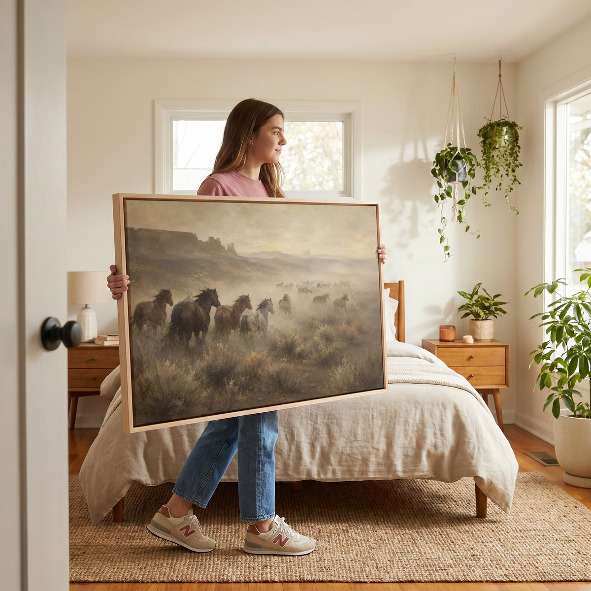 Equestrian canvas wall art showing mustang herd running through dust across a desert plain with mesas