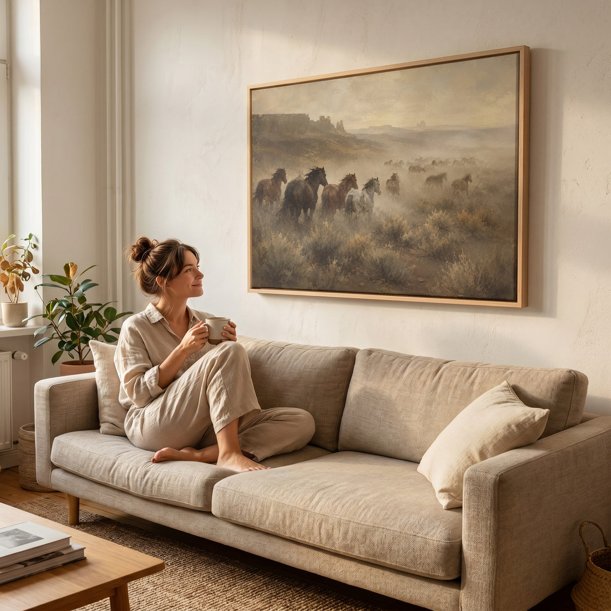 Desert canvas wall art showing mustang herd running through dust across a desert plain with mesas
