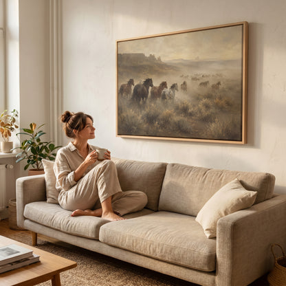 Desert canvas wall art showing mustang herd running through dust across a desert plain with mesas
