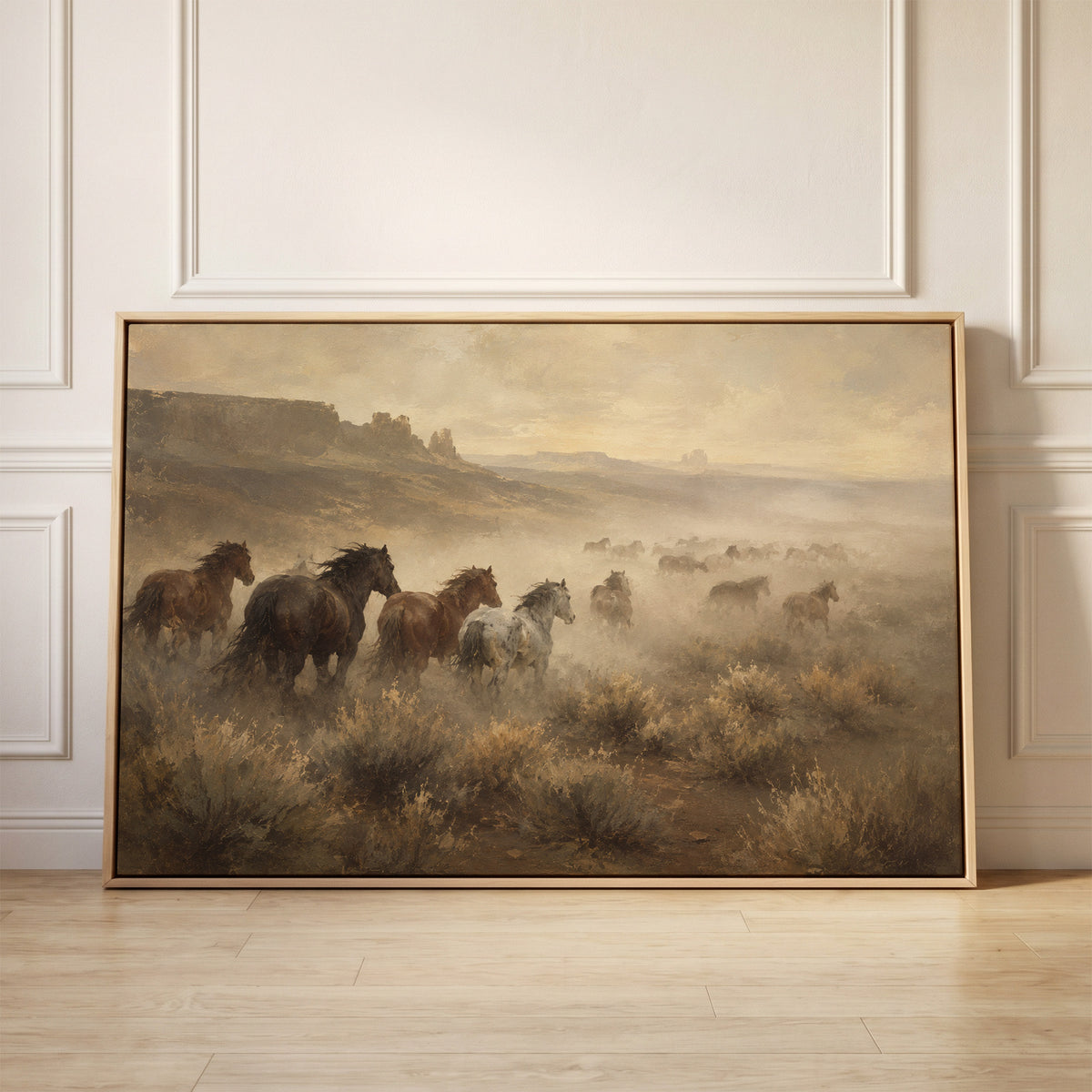 Mustang herd running through dust across a desert plain with mesas, canvas wall art