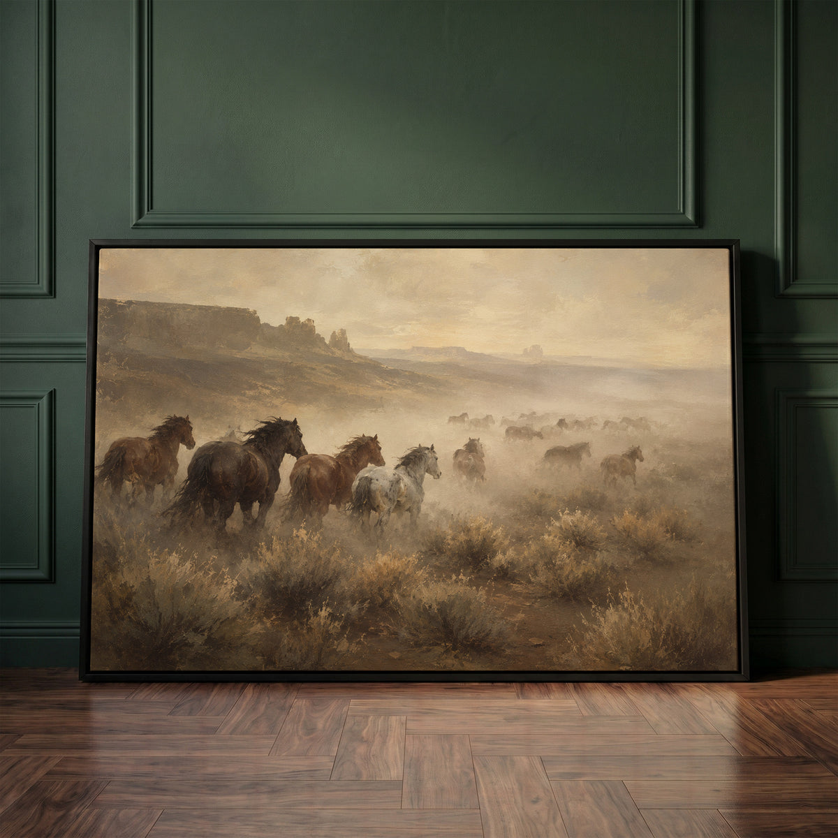 Wild horses canvas wall art showing mustang herd running through dust across a desert plain with mesas