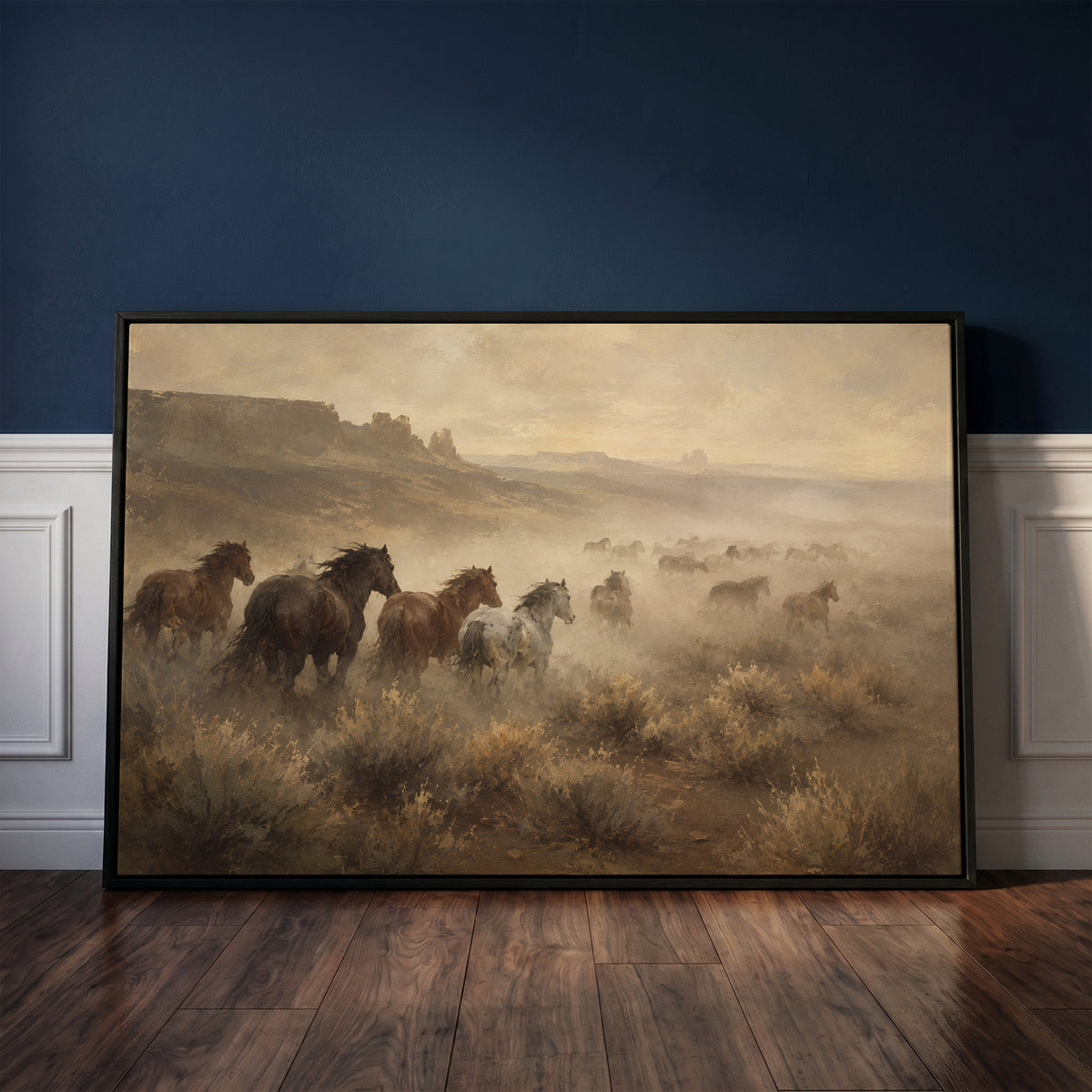 Dusty canvas canvas wall art showing mustang herd running through dust across a desert plain with mesas