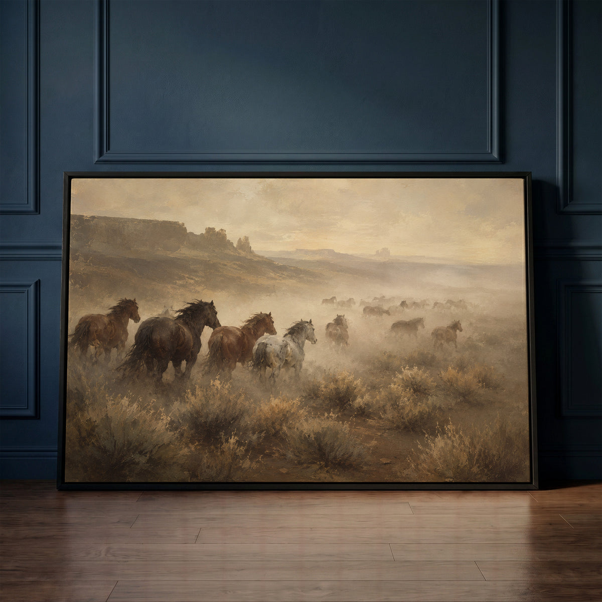 Monument valley canvas wall art showing mustang herd running through dust across a desert plain with mesas