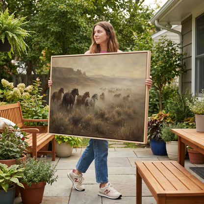 Horse canvas wall art showing mustang herd running through dust across a desert plain with mesas
