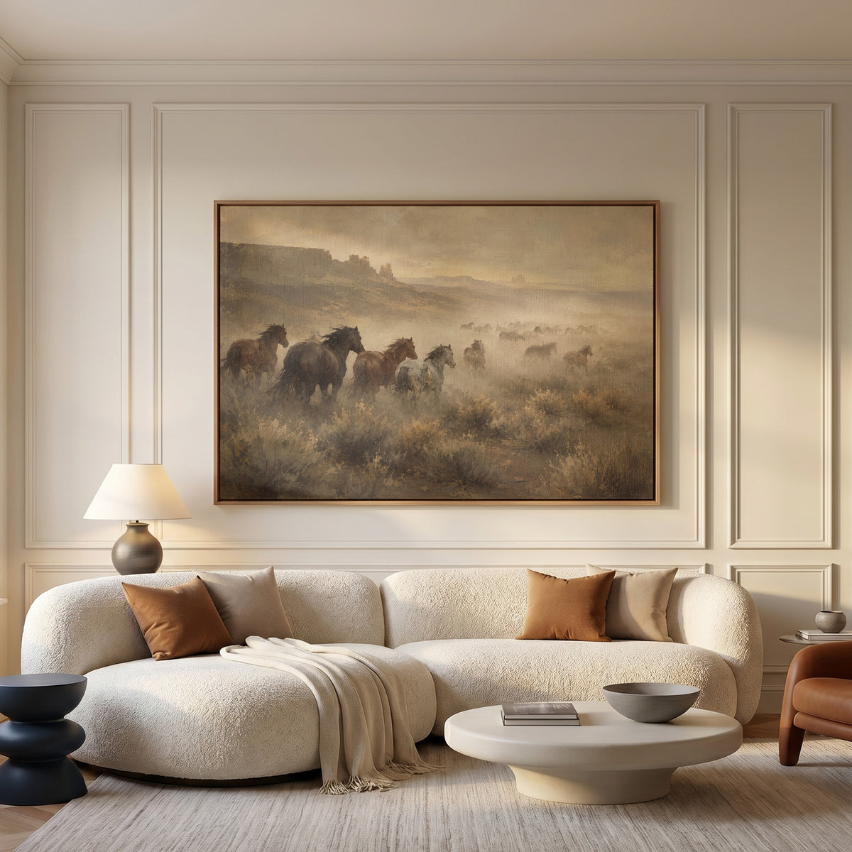 Western canvas wall art showing mustang herd running through dust across a desert plain with mesas