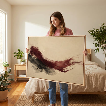 Deep burgundy brushstroke sweeping across a cream background, canvas art print