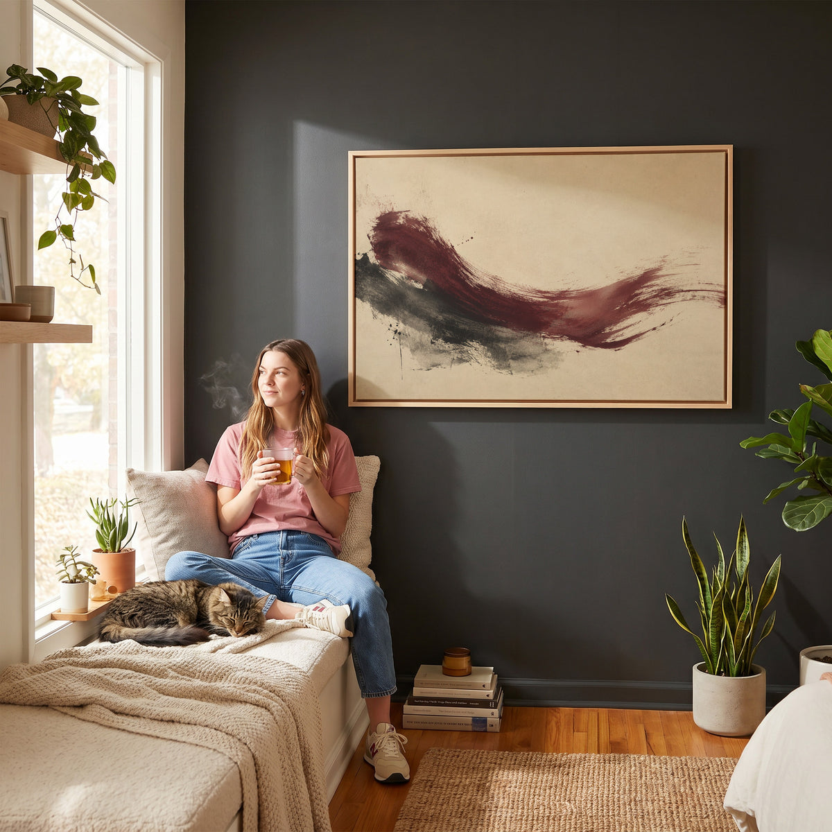 Burgundy canvas wall art showing deep burgundy brushstroke sweeping across a cream background