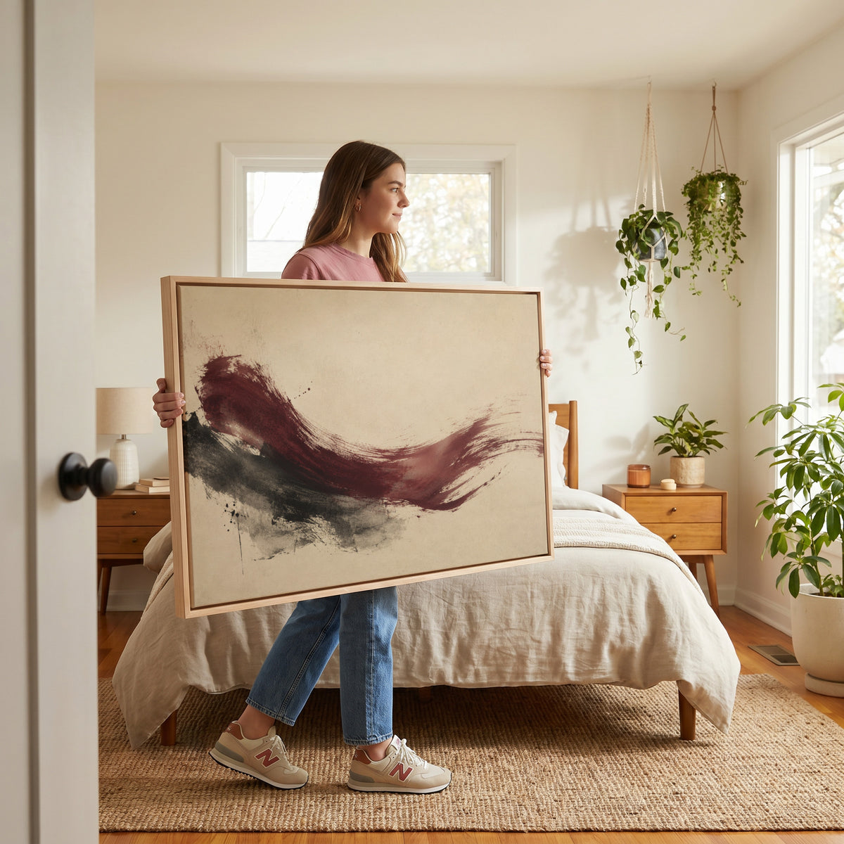 Deep burgundy brushstroke sweeping across a cream background, wall art print