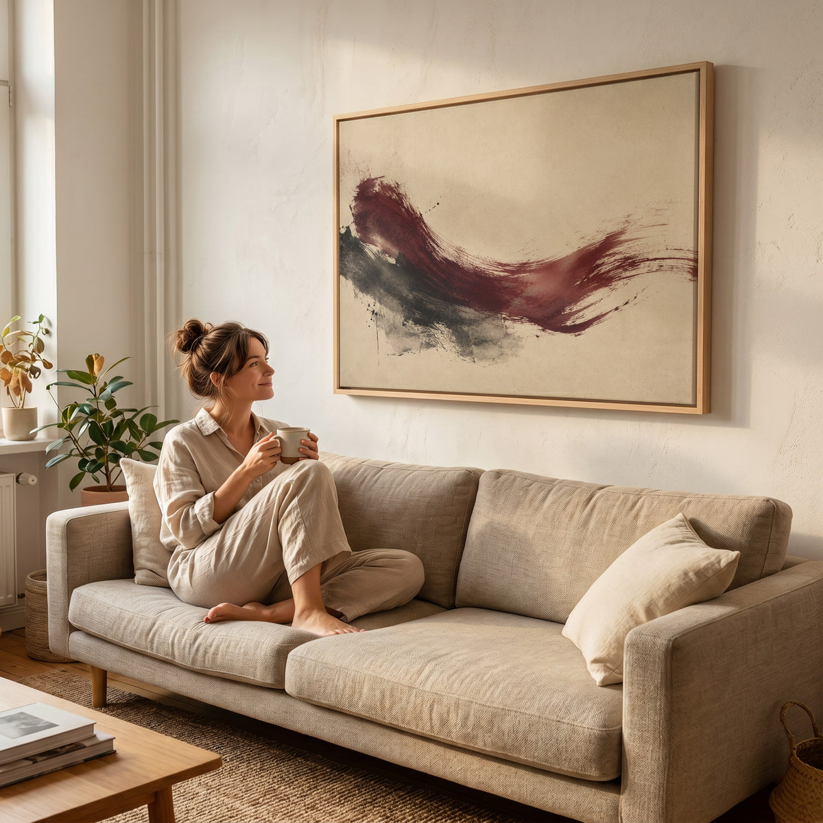 Deep burgundy brushstroke sweeping across a cream background, canvas print