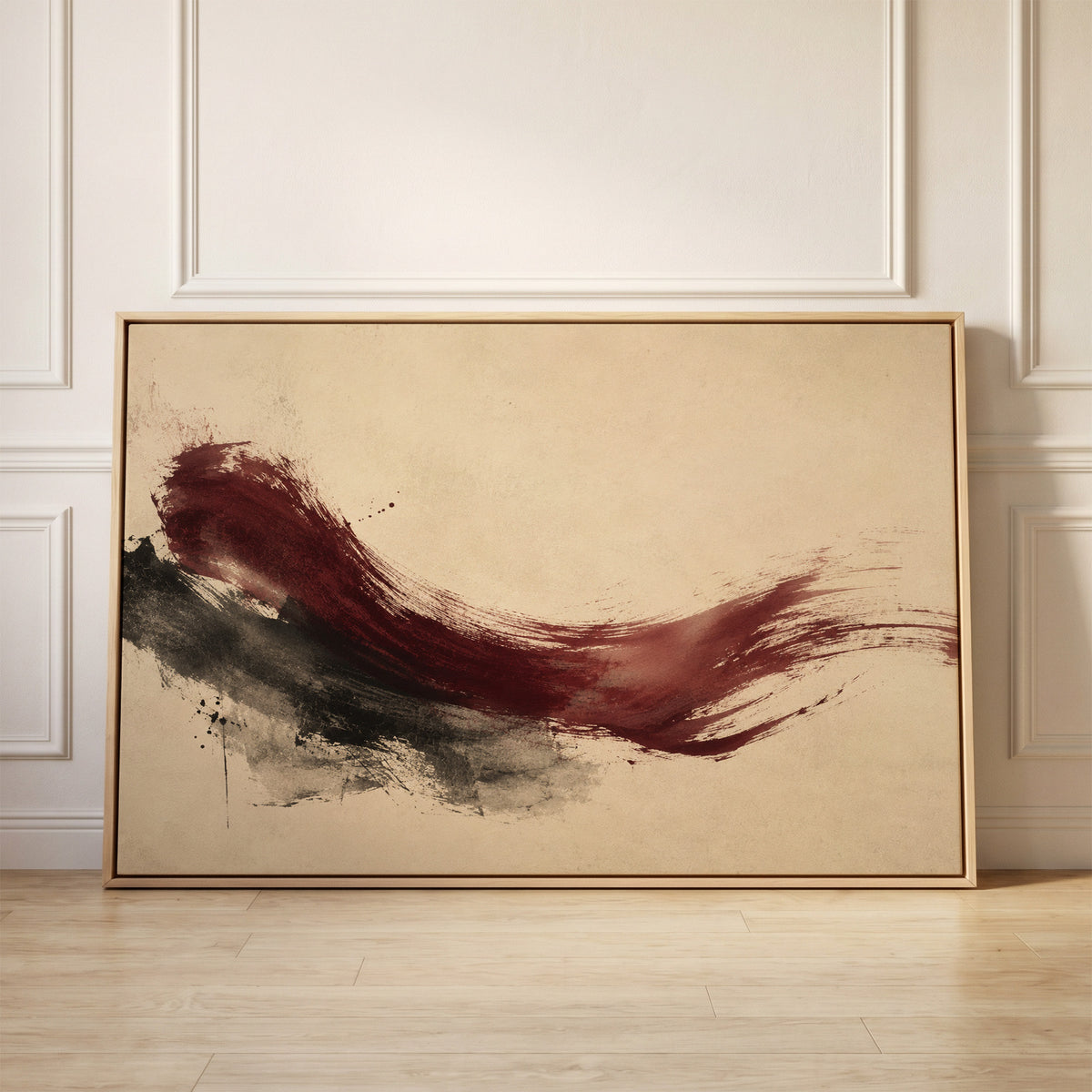 Deep burgundy brushstroke sweeping across a cream background, canvas wall art