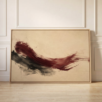 Deep burgundy brushstroke sweeping across a cream background, canvas wall art