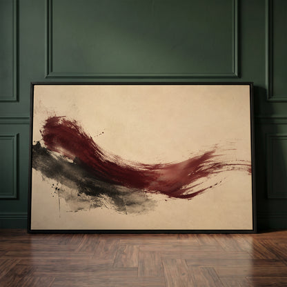 Ink wave canvas wall art showing deep burgundy brushstroke sweeping across a cream background